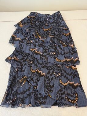 Ted Baker Navy and Black Tiered Ruffle Midi Skirt with Gold Accents